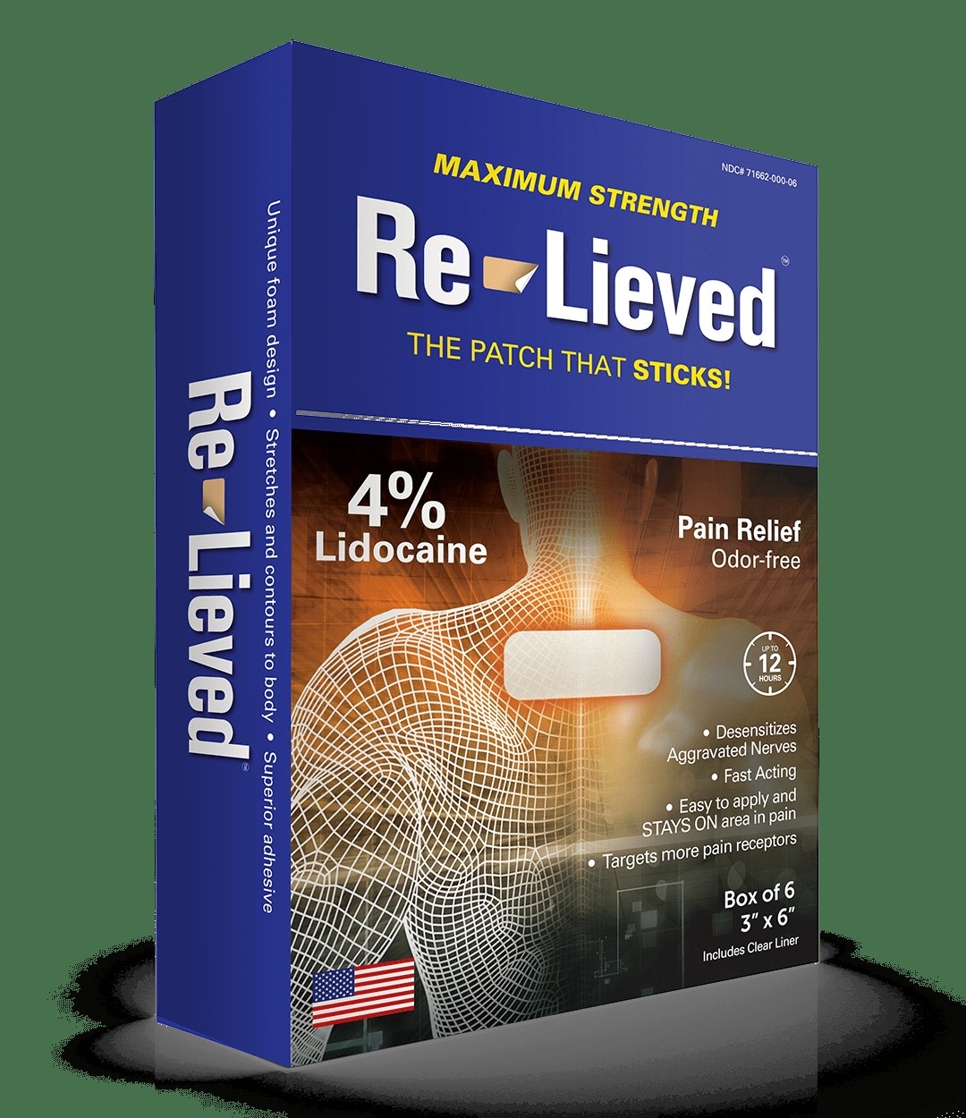 Re-Lieved — Re-Lieved 4% Lidocaine Patches Maximum Strength — Aluminum-Free, Water Resistant, USA Made, 3x6 Inches (20 Count)