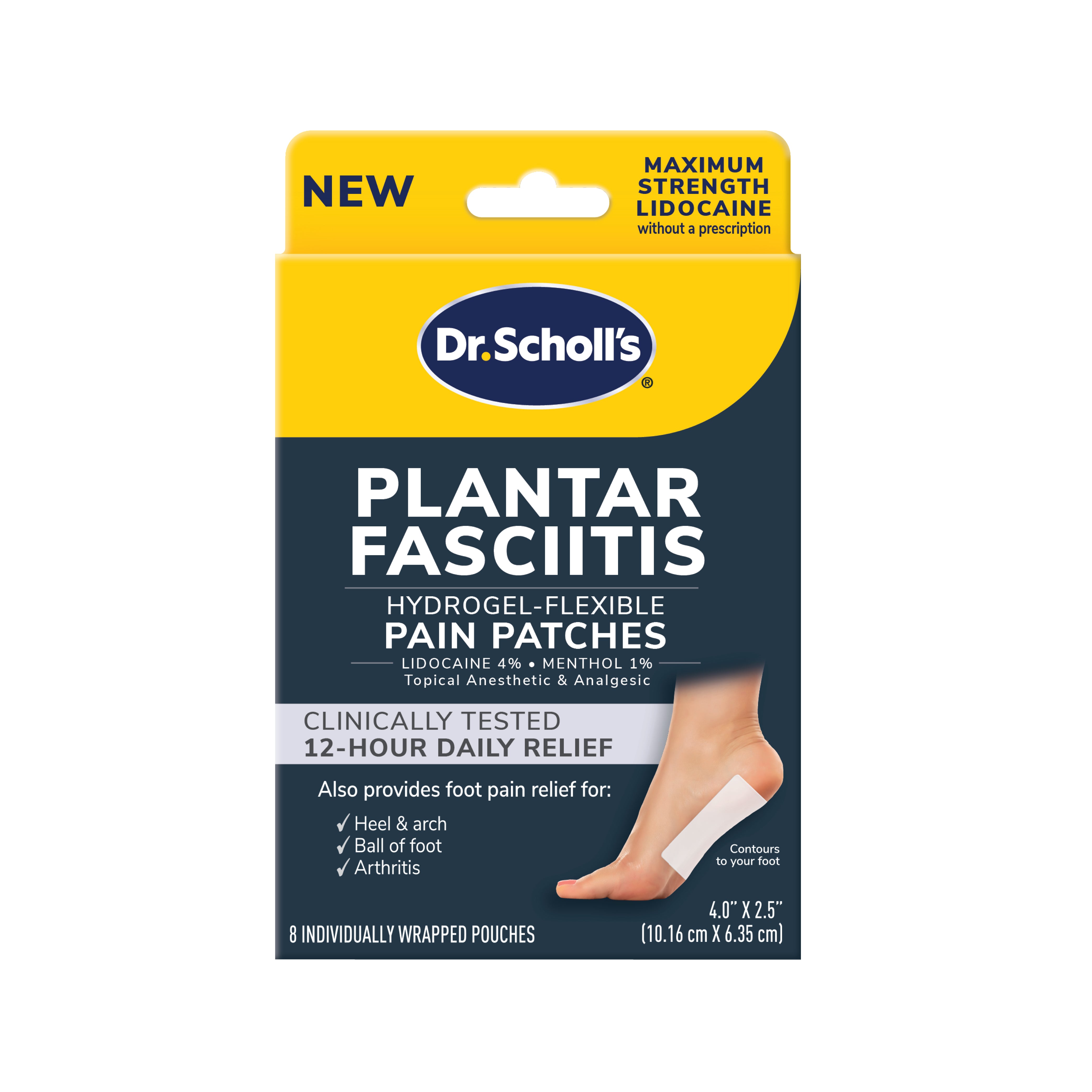 Dr. Scholl's — Dr. Scholl's Plantar Fasciitis Pain Patches with Hydrogel Flexible Technology, 8 Ct — Clinically Tested 12-Hour Daily Pain Relief — Contours to Your Foot — with Lidocaine & Menthol, 8 Treatments